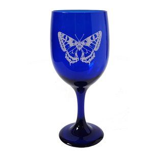Butterfly Cobalt Blue Etched Wine Glass, 11oz